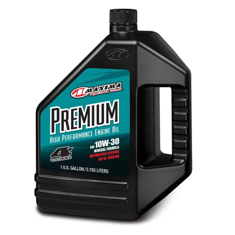 Maxima Premium 10w30 - 128oz high-performance engine oil, 4-stroke, motorcycle specific, high-quality black container with handle.