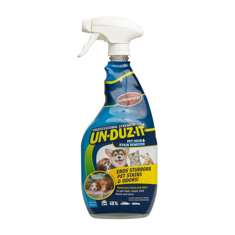 Bottle of 124576 Unduzit Pet Stain & Odor Remover, professional strength formula, 32 fl oz with trigger spray nozzle, eliminates tough pet stains and odors.