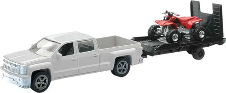 Die-cast 19535B New-Ray Replica 1:43 Truck/Trailer/Atv Chevy White/Atv Red, perfect for collectors and enthusiasts.