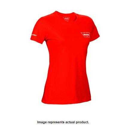 Red Warn short-sleeve large t-shirt with sleek design, crafted for quality and comfort, showcasing brand logo on sleeve and chest.