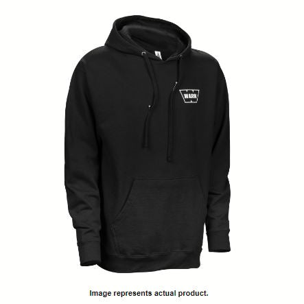 Black "40787 Warn M-Hood-G1-Xl" hoodie with white Warn logo on chest, drawstring hood, and kangaroo pocket, designed for comfort and durability in outdoor conditions.