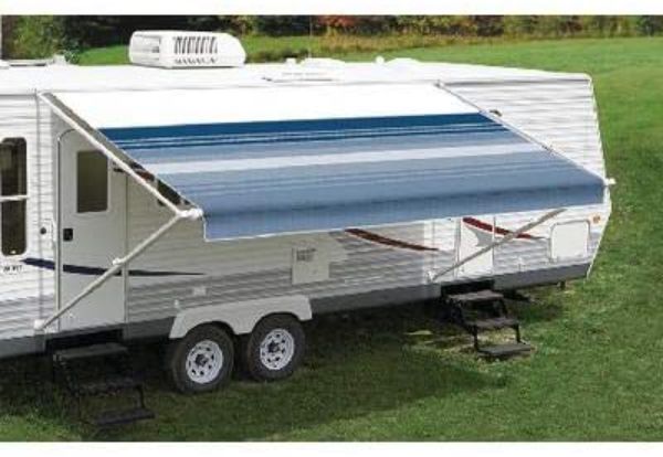 Image of an RV equipped with a 86148D8D Carefree/Co. Fiesta-Blk 14'Dsbg Dbg awning in blue stripes, showcasing stylish design, durable construction, and spacious coverage, ideal for off-road and outdoor living,Exterior Parts & Accessories,RV Sun and Shade Solutions Awnings and Parts for Ultimate Comfort,AVADA - Best Sellers