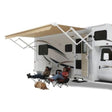 RV with extended awning, two people relaxing on chairs, dog lying down, showcasing the QJ158D8D Carefree/Co. Sprgls Rlr-Vl 15'Dsbg Dbg - perfect for camping, Outdoor Living, Exterior Parts & Accessories, RV Sun and Shade Solutions Awnings and Parts for Ultimate Comfort, AVADA - Best Sellers