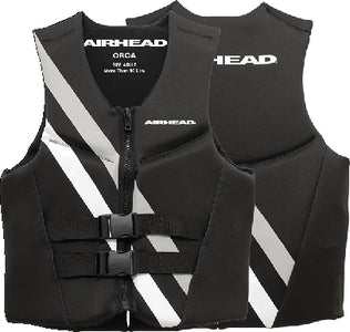 Airhead Neolite Orca Xs 10075-07-B-BK personal flotation device in black with dual buckle design and stylish white stripe detail, ideal for various water sports.