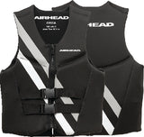 Airhead Neolite Orca M life jacket in black, featuring durable Neolite construction, white and gray stripes, and dual buckle design for water sports enthusiasts.