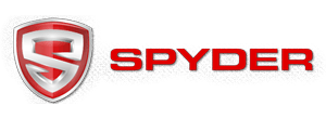 Brand logo of Spyder, featuring a silver and red shield with a prominent "S" and the brand name "Spyder" in red.