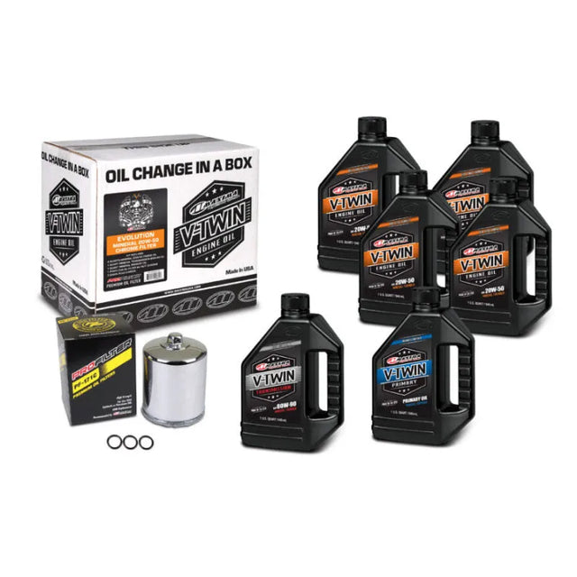 Maxima V-Twin Oil Change Kit Mineral with Chrome Filter Evolution by Maxima Racing Oils