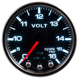 Autometer Spek-Pro Gauge Voltmeter 2 1/16in 16V Stepper Motor W/Peak & Warn Blk/Smoke/Blk - P34452