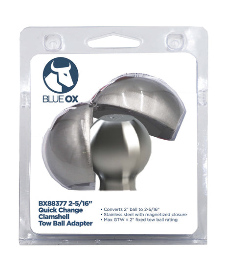 BX88377 Blue Ox 2-5/16' Clam Shell Tow Ball Adapter in durable stainless steel packaging.