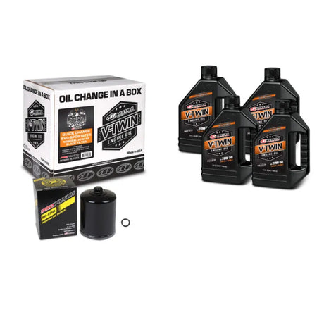 Maxima V-Twin Quick Change Kit Mineral with Black Filter for Evo/Sportster including 20W-50 engine oil bottles.