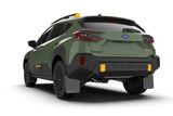 Rally Armor 2024 Subaru Crosstrek Wilderness trim, black UR mudflap with wild-orange logo, no-drill installation, durable protection from mud and debris.