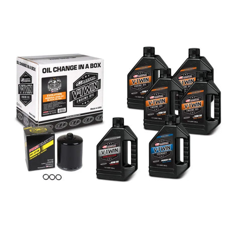 Maxima V-Twin Oil Change Kit Mineral with Black Filter Evolution, premium engine oil bottles, black oil filter and Pro Filter box.