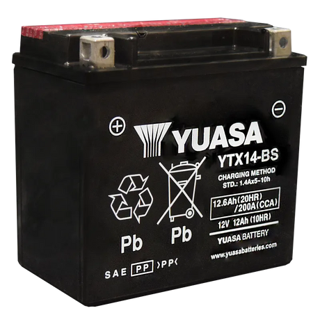 Yuasa YTX14-BS Maintenance Free AGM 12 Volt Battery with bottle supplied, featuring robust design and reliable performance.