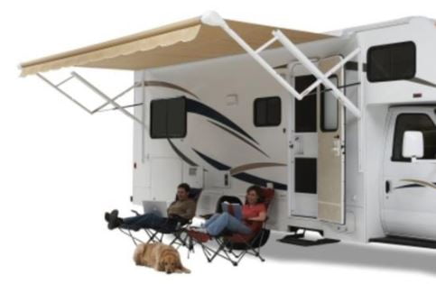 RV with extended awning, two people relaxing under it, and a dog laying nearby. RV Sun and Shade Solutions Awnings and Parts for Ultimate Comfort, Outdoor Living, Exterior Parts & Accessories, AVADA - Best Sellers