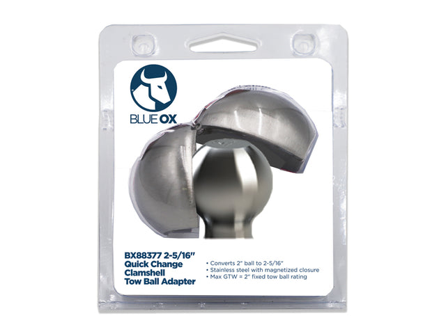 BX88377 Blue Ox 2-5/16" Clam Shell Tow Ball Adapter in packaging with Blue Ox logo.