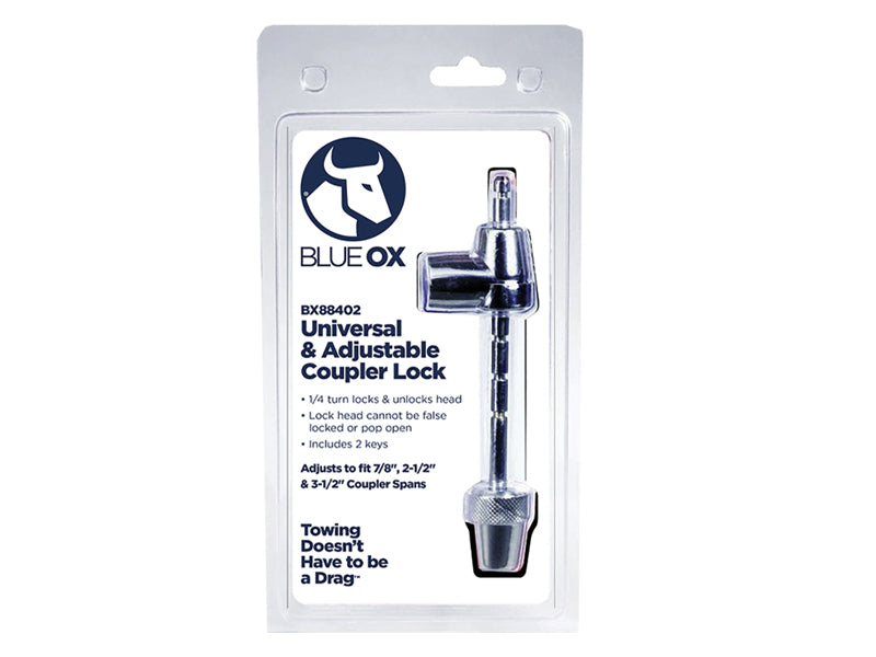 BX88402 Blue Ox Universal & Adjustable Coupler Lock in packaging, provides maximum security for trailers with easy installation.