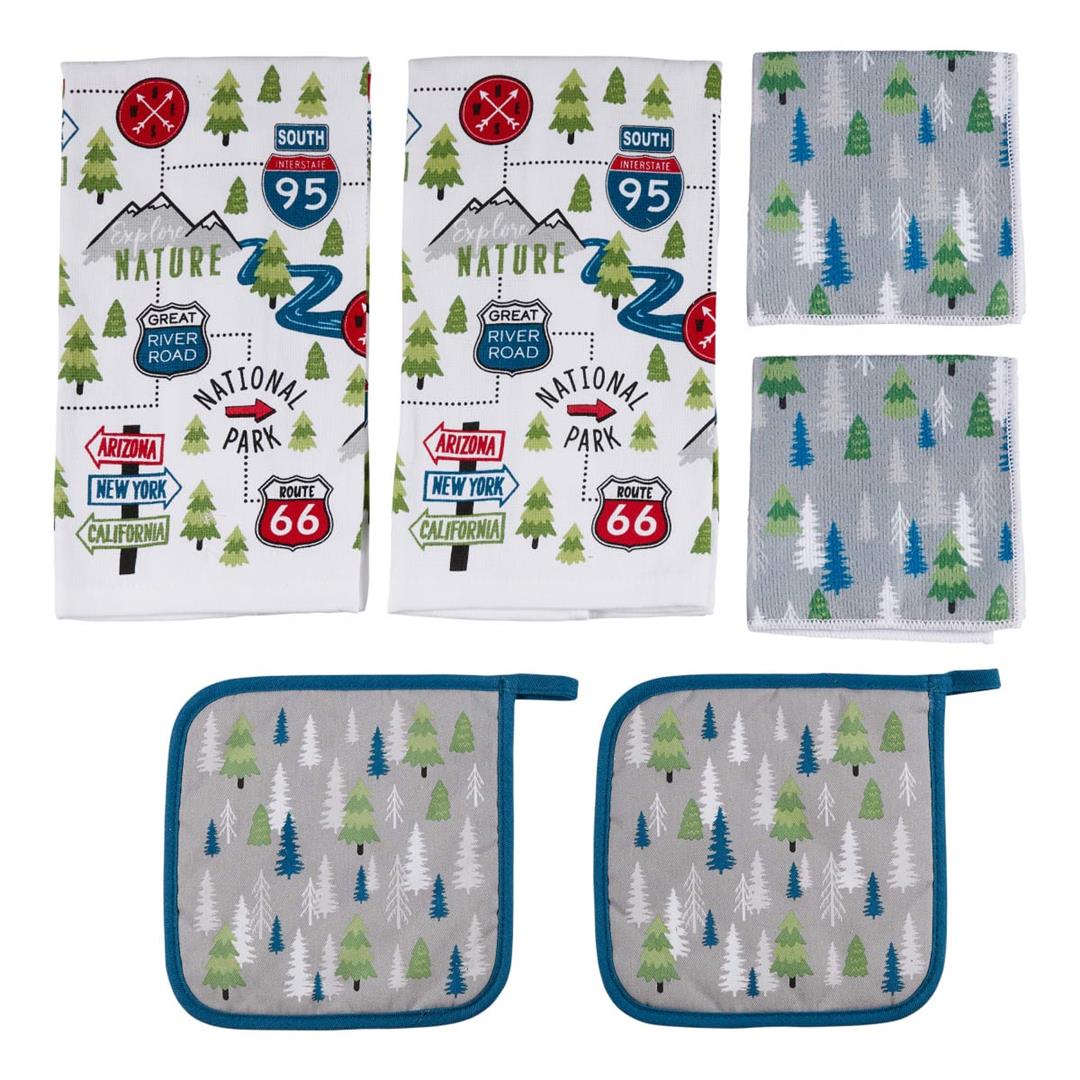 "2022107828 Lippert 6 Pc Kitchen Set featuring colorful designs with a nature and travel theme, including two white towels with road signs and tree graphics, two small gray towels with tree patterns, and two gray pot holders with green and blue trees."