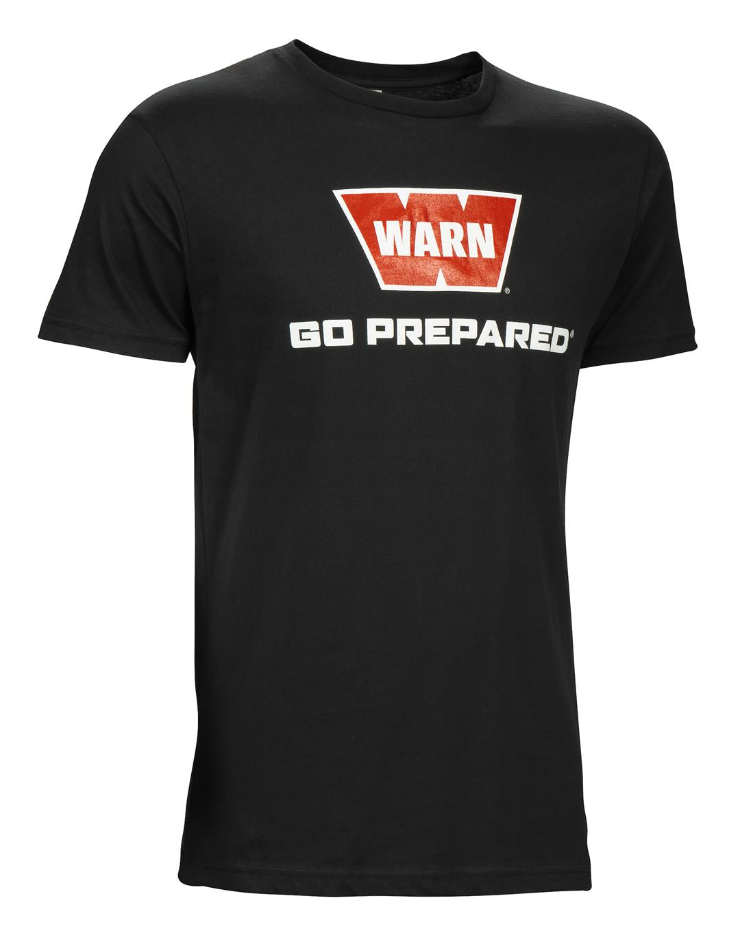 Large-sized black short sleeve shirt featuring the Warn logo and "Go Prepared" slogan, known for comfort and durability, SKU: 40732 Warn M-Short-Sl-B1-Large.