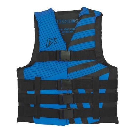 30081-04-A-BKSB Airhead Airhead Trend Vest in black and sky blue, featuring adjustable straps for a secure fit and high-visibility design, perfect for water sports enthusiasts.