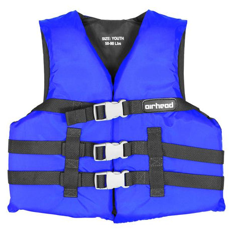 Blue Airhead General Purpose Life Vest with adjustable straps, suitable for youth 50-90 lbs.