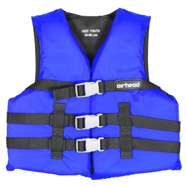 Blue Airhead General Purpose Life Vest with adjustable straps, suitable for youth 50-90 lbs.