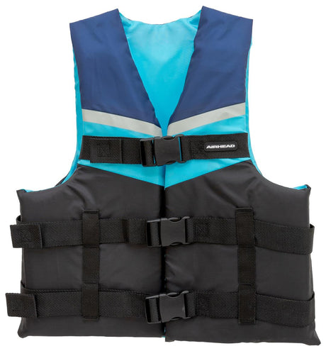 Airhead Vibe 3-Buckle Life Vest - S in black and gray with adjustable straps for secure fit.