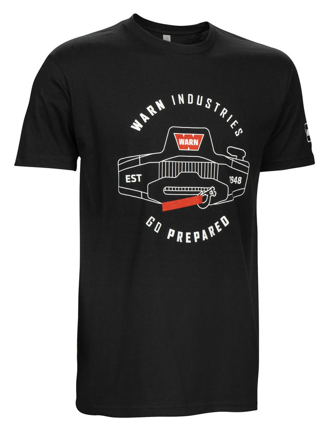 Warn Industries black short-sleeve T-shirt with printed graphic design and "Go Prepared" slogan, XL size for outdoor activities.