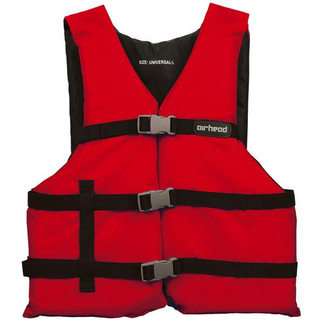 Red and black Airhead General Purpose Life Vest with secure buckles, designed for safety and comfort during water activities.