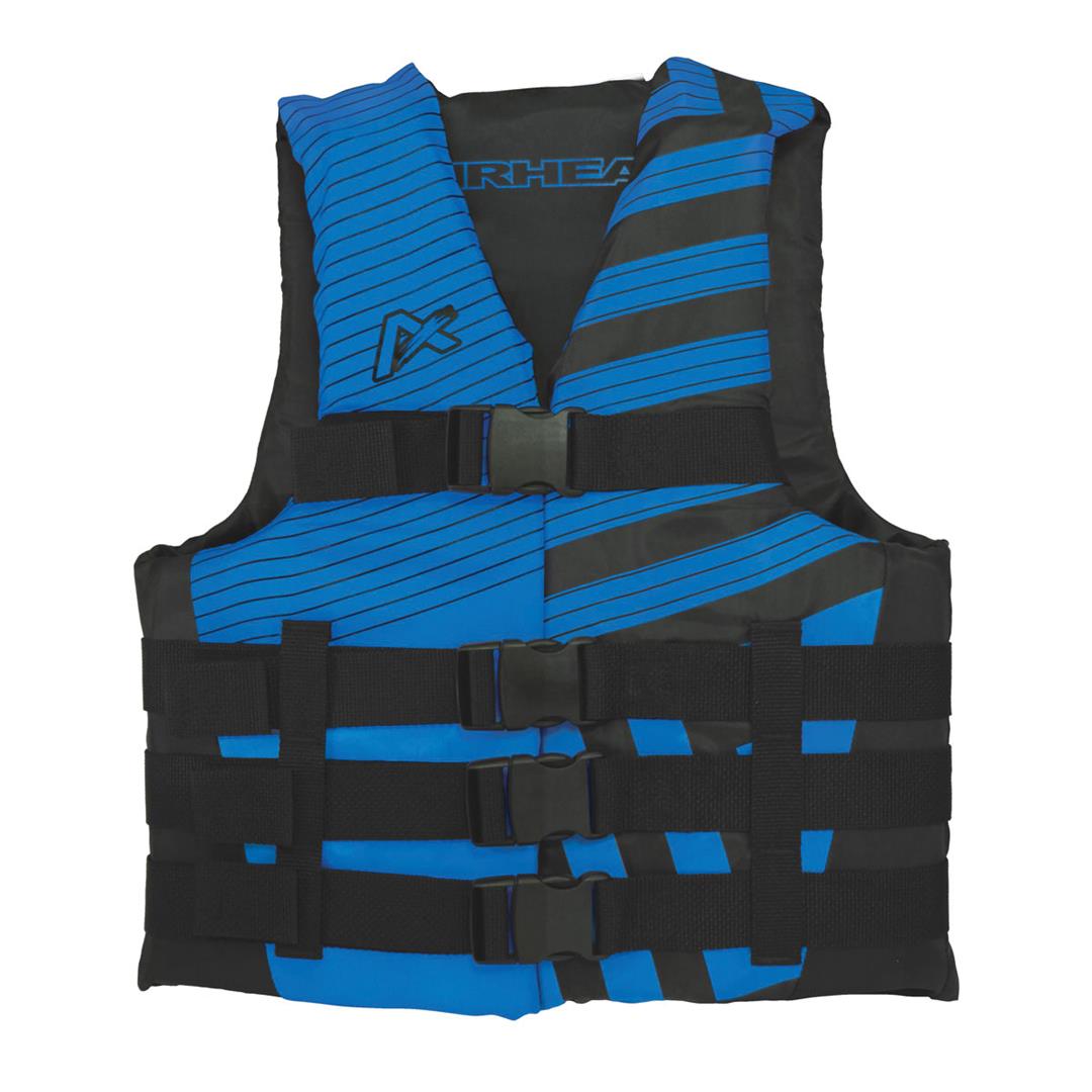 Airhead Trend Vest in Black and Sky Blue with front buckles, designed for safety and style in boating and water sports.