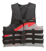 Airhead Bolt 4-Buckle Life Vest in black, red, and gray for water sports safety.