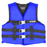 Blue Airhead General Purpose Life Vest with three black adjustable straps and a size label for youth.