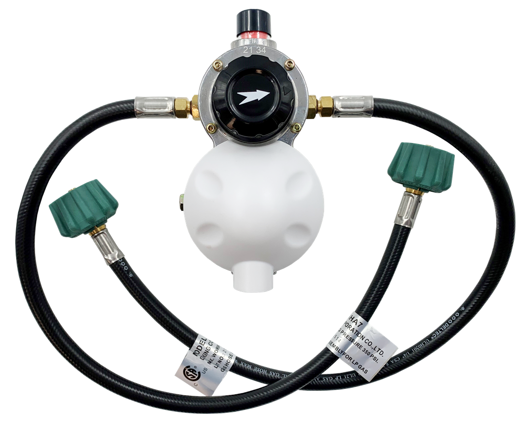 AP Products Auto-Changeover Regulator Kit 2-24 with two-stage regulator, durable cast zinc construction, and high BTU support for RVs and outdoor use.