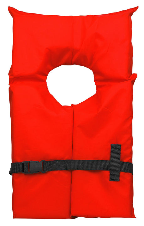 Red 20000-16-A-RD Airhead Type II Keyhole Life Vest with black buckle, offering reliable buoyancy and comfort for water activities.