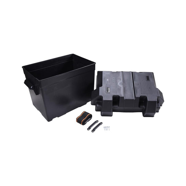 Arcon 13035 Battery Box Grp 27 Black, includes straps and hardware, durable storage for Group 27 batteries, sleek design, ideal for marine and RV use.