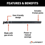 Lippert 404523 awning short arm assembly, 63 inches, black, user-friendly design, gas struts, friction joints, for power or manual awnings.