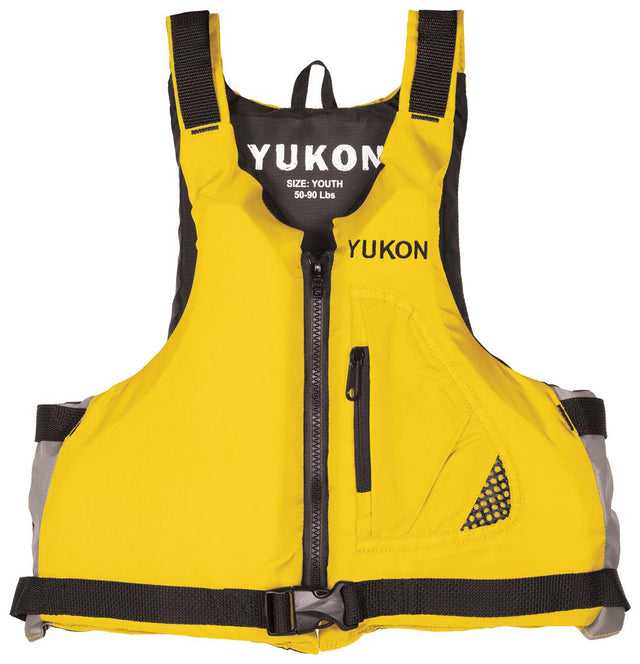 Yellow Airhead Yukon Base Paddle/Angler Vest for youth, front view with zipper, black straps, and mesh pocket for safety and comfort in paddling or angling.