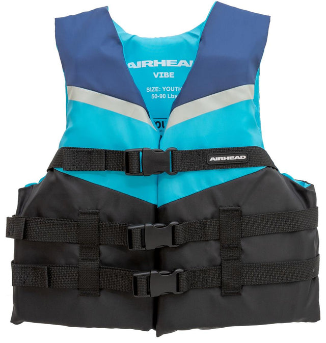 Airhead Vibe 3-Buckle Life Vest in blue and black, designed for youth, ensures safety and comfort for water sports.