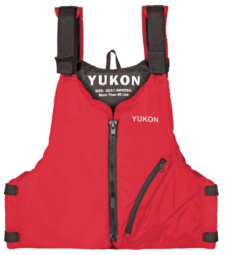 Red Airhead Yukon Base Paddle/Angler Vest, 33004-15-A-DR, front view with front zipper and adjustable black straps, ideal for water safety during paddling and angling activities.