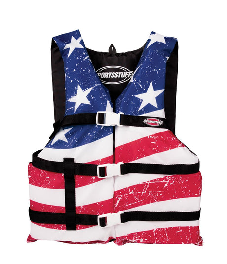 Airhead General Purpose Life Vest with American flag design, durable straps, and "SPORTSSTUFF" branding