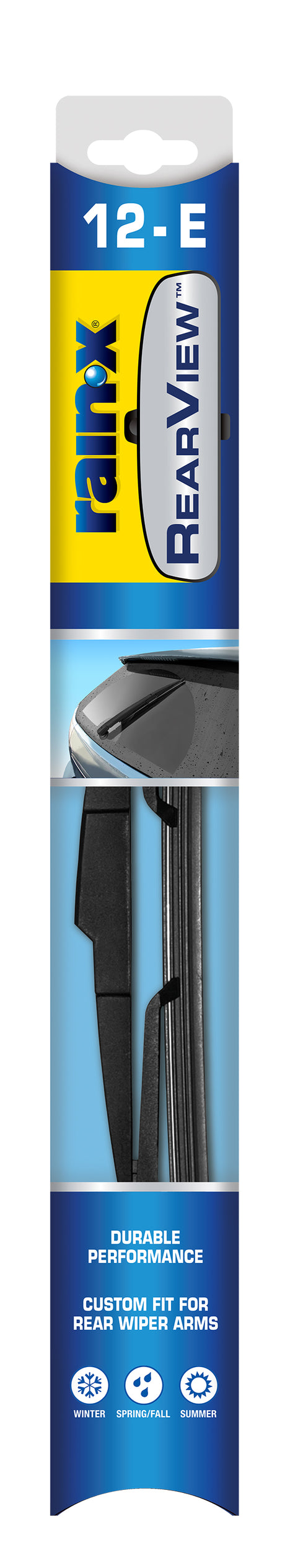 Rain-X Rearview Rear Wiper Blade 1 package, durable performance, custom fit for rear wiper arms, suitable for winter, spring/fall, and summer.