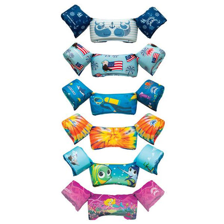 Colorful and stylish 10000-02-306 Airhead Otter Elite Ch Life V Maritime life vests with various maritime-themed designs arranged vertically.