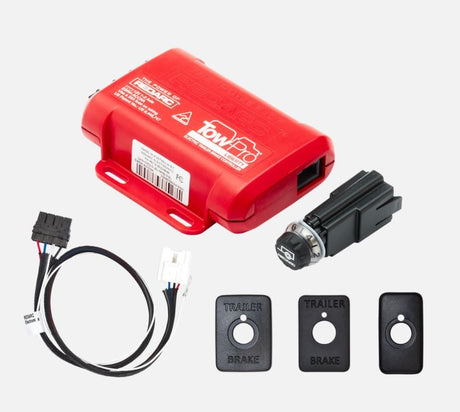 Redarc Tow-Pro Liberty Complete Toyota Kit with red control unit, wiring harness, and black control knob for Toyota vehicles.