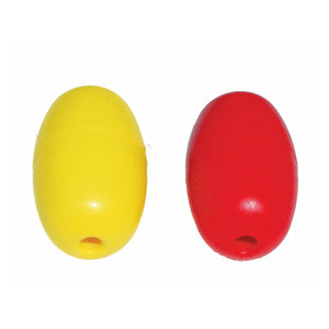 Two elliptical water float buoys, one yellow and one red.