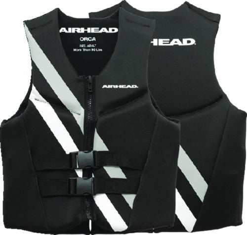 Airhead Neolite Orca M life jacket 10075-09-B-BK in black, front and back view displaying sleek design and safety features for water sports.