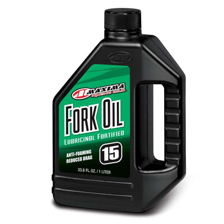 Maxima Fork Oil Standard Hydraulic 15wt - 1 Liter container with green label and black cap, featuring anti-foaming and reduced drag properties.