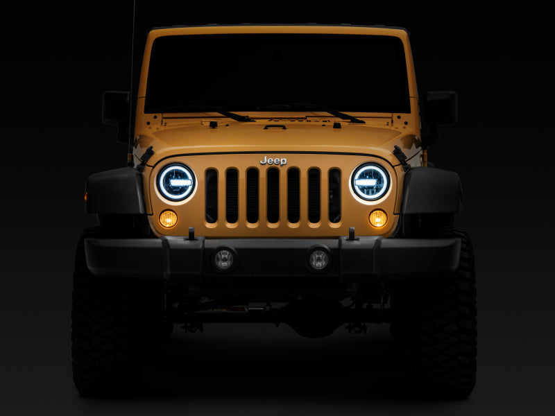 Raxiom 97-18 Jeep Wrangler TJ/JK 7-Inch LED Headlights w/ Halos- Black Housing (Clear Lens) - J155018