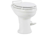 Dometic 302320081 Permanent Toilet with Pedal Flush Control, white, ceramic, elongated seat.