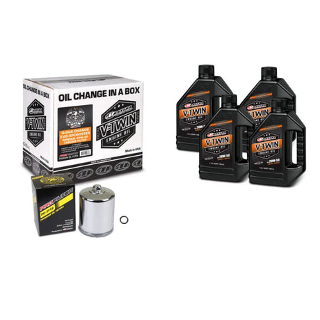 Maxima V-Twin Quick Change Kit Synthetic with Chrome Filter Twin Cam, including four bottles of Maxima V-Twin engine oil, filter, and O-ring.