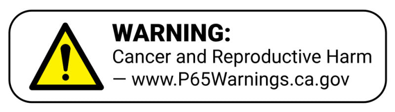 Warning label indicating potential cancer and reproductive harm due to exposure to certain chemicals, with a link to P65Warnings.ca.gov for more information.