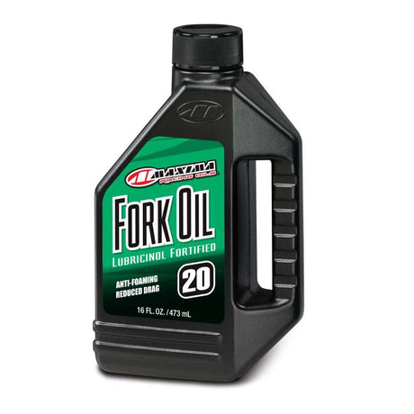 Maxima Fork Oil Standard Hydraulic 20wt 16oz bottle, formulated for superior motorcycle suspension performance, temperature stability, and extended component lifespan.